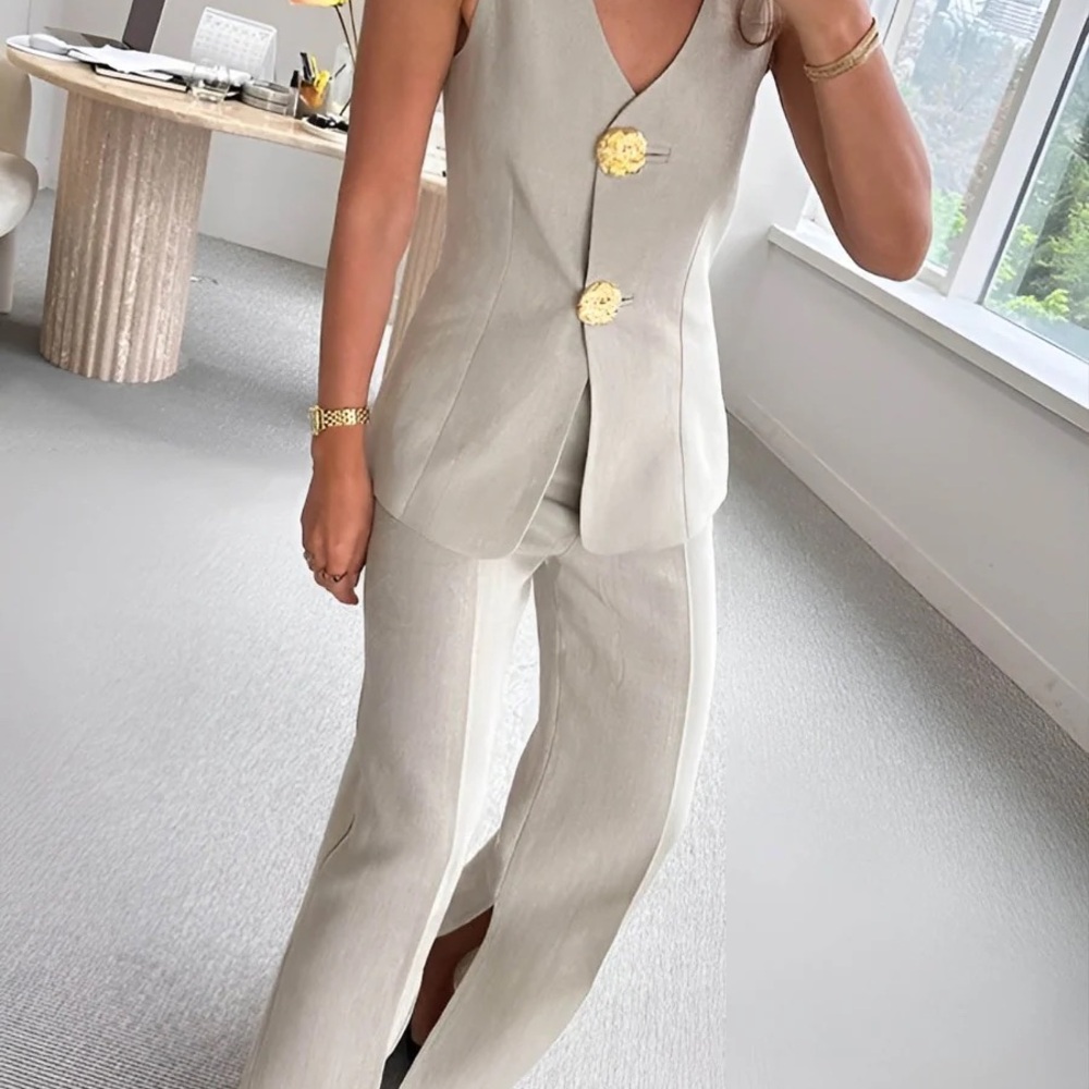 Commense Button Split Sleeveless Pants Set
